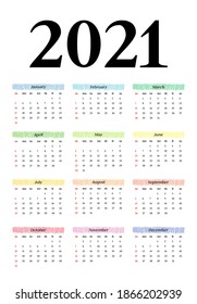 Calendar for 2021 isolated on a white background. Sunday to Monday, business template. Vector illustration