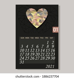 Calendar 2021 January vector design template decorative hearts in the style of low poly