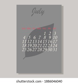 Calendar 2021 July vector design template