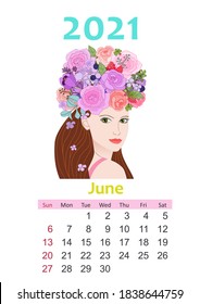 Calendar for 2021 June  beautiful girl and fancy blossom hairstyle looking over her shoulder