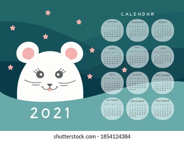 Calendar 2021 for kids. Yearly planner calendar. Cute mouse vector illustration. Great for kids, creches, posters and print.