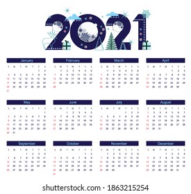 Calendar for 2021. Large text caption 2021 in flat design style with stylized icons of deer, gifts and christmas balls. New year calendar. Vector illustration.