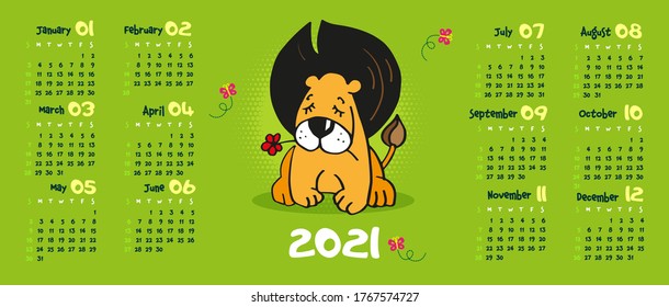 Calendar 2021. lion with closed eyes holding a red flower in his teeth. Green background. cartoon animal 