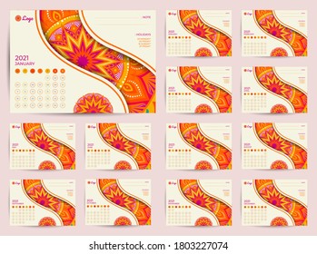 Calendario para 2021 realizado con efecto mandala e ilustración vectorial.
