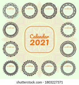 Calendar for 2021 made with mandala effect and vector illustration.