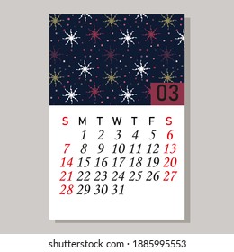 Kalender 2021. März Vektordesign-Vorlage