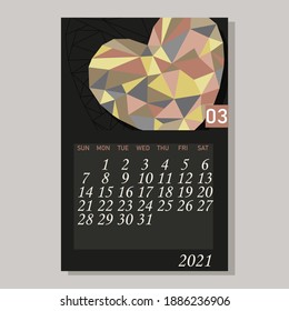 Calendario 2021 Marzo plantilla de diseño de vectores corazones decorativos al estilo de polos bajos