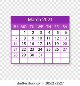Calendar 2021. March. Week starts on Sunday. Vector illustration