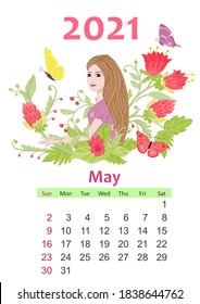 Calendar for 2021 May. beautiful girl with long hair holding fancy flower surrounded by flying butterflies