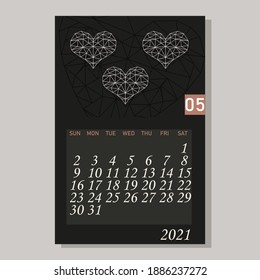 Calendario 2021 Mayo plantilla de diseño de vectores corazones decorativos al estilo de polos bajos