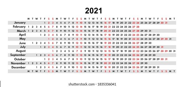 calendar 2021 minimalistic full year grid, each month in line, two weekend days