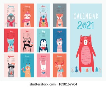 Calendar 2021. Monthly calendar with cute Animals. Hand drawn style illustration.