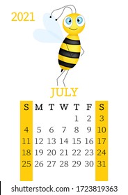 Calendar 2021. Monthly calendar for  July 2021 from Sunday to Saturday. Yearly Planner. Templates with cute hand drawn bee. Vector illustration. Great for kids. Calendar page for print.