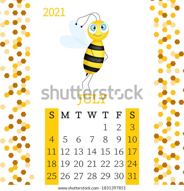 カレンダー21 21年7月の日曜から土曜までの月次カレンダー 年次計画担当 かわいい手描きの蜂のテンプレート ベクターイラスト 子ども向け のベクター画像素材 ロイヤリティフリー