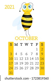 Calendar 2021. Monthly calendar for  October 2021 from Sunday to Saturday. Yearly Planner. Templates with cute hand drawn bee. Vector illustration. Great for kids. Calendar page for print.