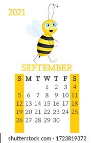 Calendar 2021. Monthly calendar for  September 2021 from Sunday to Saturday. Yearly Planner. Templates with cute hand drawn bee. Vector illustration. Great for kids. Calendar page for print.