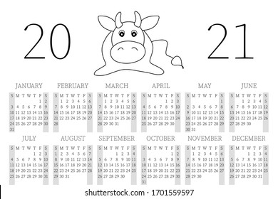 Calendar 2021. Monthly calendar 2021 from Sunday to Saturday. Yearly Planner. Templates with cute hand drawn bull. Vector illustration with adorable character. Page for print. Cute cow. Symbol 2021.
