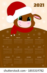 Calendar 2021. Monthly calendar 2021 from Sunday to Saturday. Yearly Planner. Templates with cute hand drawn bull. Vector illustration with adorable character. Page for print. Cute cow. Symbol 2021.