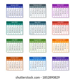 Calendar 2021. Monthly calendar. Week starts on Sunday. Vector illustration