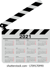 Calendar for 2021, movie clapper board on a white background