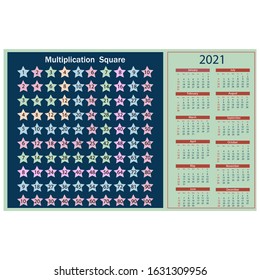 Calendar for 2021 with a multiplication table texture colored stars on a dark blue background, blue numbers on a green background, month highlighted in red, vector