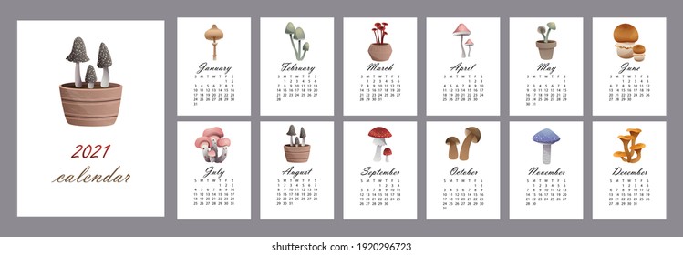 Calendario 2021 con hongos de 12 meses. Callendar cada mes con diferentes tipos de hongos: odobrezoviki, hongos de la chantarela, boletus boletus, muhamora. Ilustración del vector