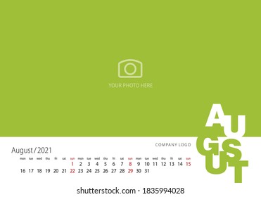 Calendar 2021 New Year 08 month August modern template green background