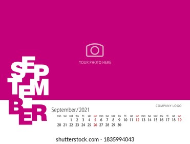 Calendar 2021 New Year 09 month September modern template pink background