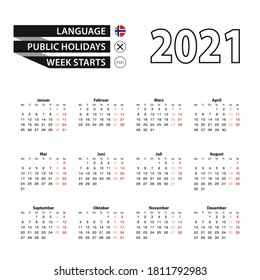 Calendar 2021 in Norwegian language, week starts on Monday. Vector calendar 2021 year.