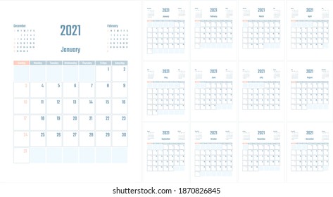 Calendar for 2021 for notes, divided into pages for notes by month