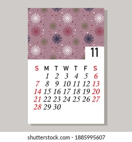 Calendario 2021 Plantilla de diseño de vectores de noviembre