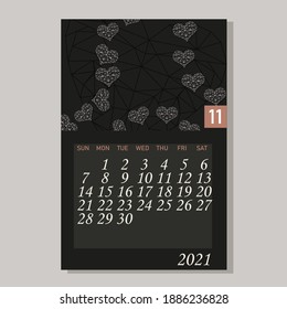 Calendar 2021 November vector design template decorative hearts in the style of low poly