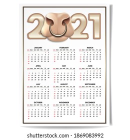 Calendar for 2021 numbers. According to the Chinese calendar, the year of the Ox. The muzzle of a bull with a nose ring. Vertical banner on a white background. 3D realistic Vector illustration.