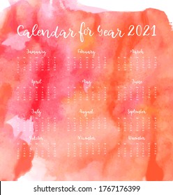 Calendar 2021 on a watercolor background. Vector illustration