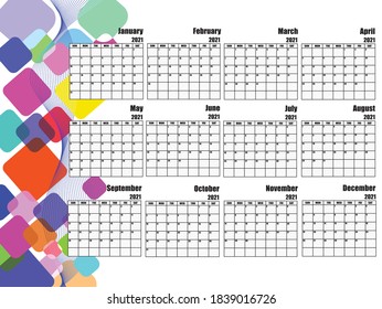 Calendario 2021 sobre fondo blanco y a la izquierda con varios tamaños cuadrados y color