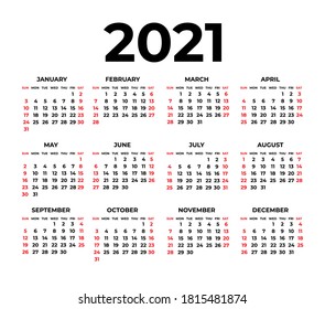 Calendar for 2021 on white background