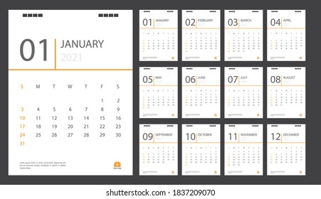 Calendar for 2021 Orange background. Corporate design planner template.