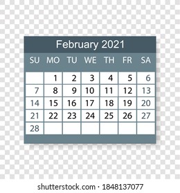 Calendar 2021. Page of February  isolated on transparent background. Week starts on Sunday