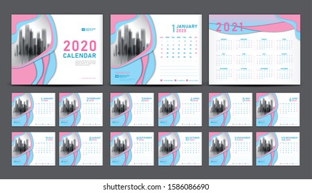 Calendar 2021 PAPER CUT concept design, Set Desk Calendar 2020 template vector, cover design, Set of 12 Months, Week starts Sunday, Stationery, planner, printing, advertisement
