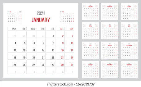 Calendar 2021 planner corporate template design set. Square proportions.Week starts on Monday. Basic grid - template for annual calendar 2021. Set of 12 months