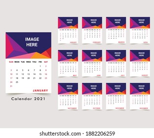 Calendar 2021 planner corporate template design set. Week starts on Monday. Basic grid - template for annual calendar 2021