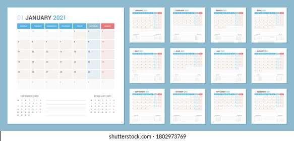 Diseño del Planificador Calendario 2021. La semana empieza el lunes.