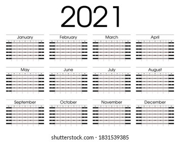 Calendar 2021. Planner 2021 year. Calendar design template. English calender. Сolor vector. Week starts on Sunday. 