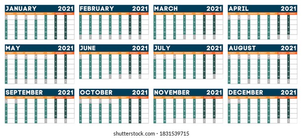 Calendar 2021. Planner 2021 year. Calendar design template. English calender. Сolor vector. Week starts on Monday.