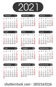 Calendar 2021. Planner 2021 year. Calendar design template. English calender. Сolor vector. Week starts on Sunday.