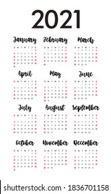 Calendar 2021. Planner 2021 Year. Calendar Design Template. English Calender. Сolor Vector. Week Starts On Sunday.