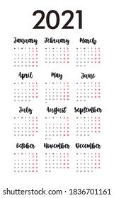 Calendar 2021. Planner 2021 year. Calendar design template. English calender. Сolor vector. Week starts on Monday.