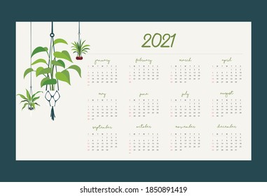 Calendar 2021 Plant Macrame Background Minimalist. Vector Illustration