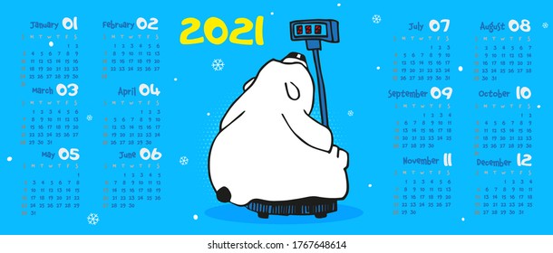 Calendar 2021. Polar bear sits on the scales, blue background, cartoon animal 