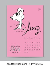 Calendar 2021 with rat cartoon character vector, Lettering calendar, Desk calendar August 2020 template, hand-drawn mouse animal vector illustration Can be used for postcard, gift card, cover.